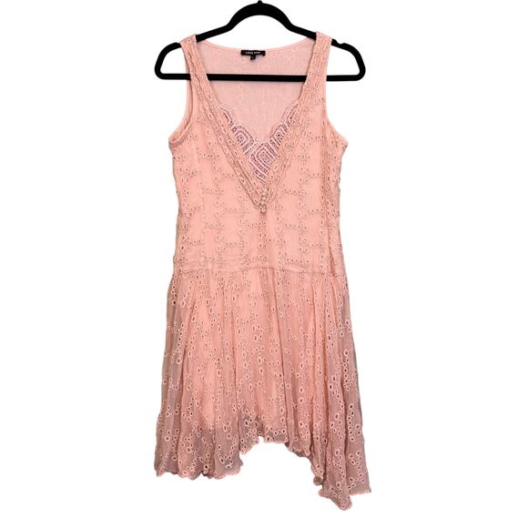 Love Sam Asymmetric Dress S Pink Eyelet V Neck Sleeveless Boho Cottage Crochet - Picture 1 of 9